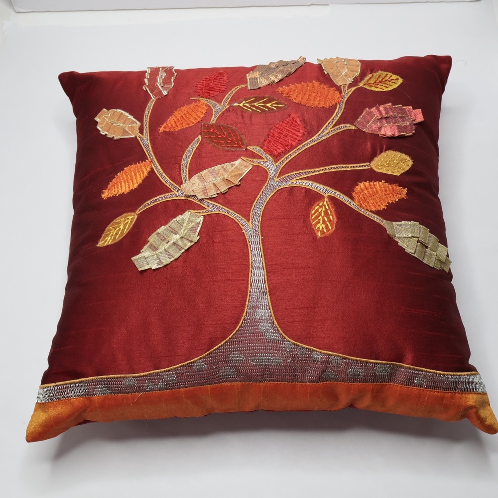 Pier 1‎ Burgundy Red Autumn Tree Embroidered Accent Pillow Fall Decor